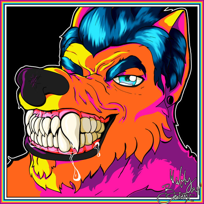A werewolf headshot in the color pallet of Lisa Frank