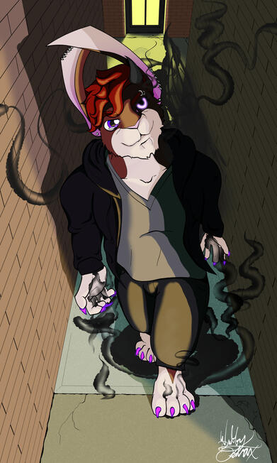 Illustration of a demon bunny anthro walking in an alley wearing a vneck tshirt and a hoodie with jeans. there are shadow tendrils coming out around the subject. one eye is normal, the other in shadow is in demon mode along with a horn revealed.