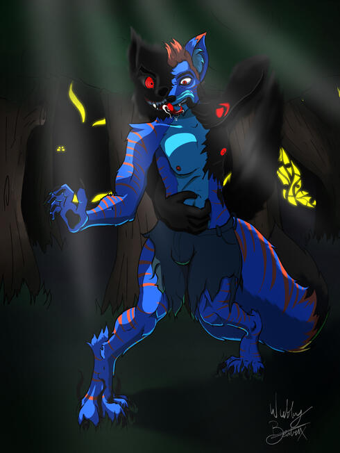 a blue fox tiger with orange stripes is stopped in a forrest while a demon form seems to be trying to envelope the subject.