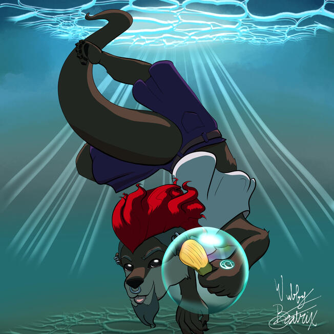 An otter with a red mowhawk and black eyes swims down under water, wearing a white tank top and purple shorts.