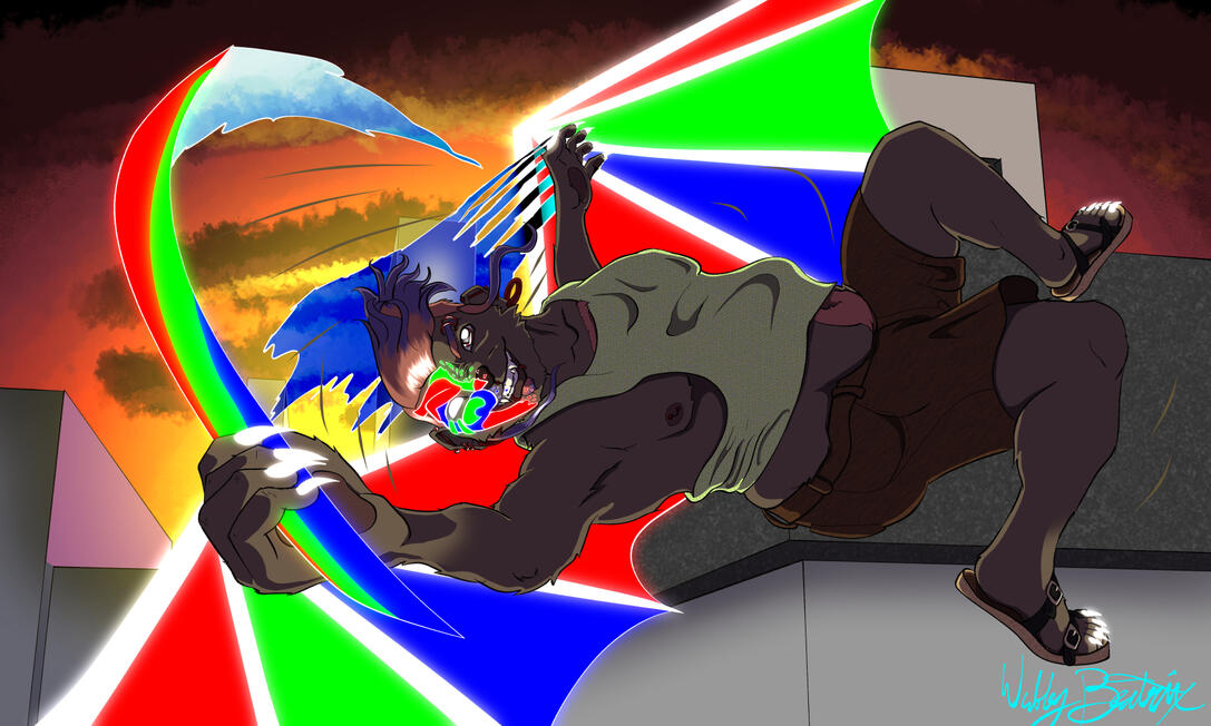 A demon bear jumps off a building, wielding a hard light weapon. They are spinning as they come down, with right hand closer to the viewer. The left hand appears to be creating a tear, where the colors are inverted. Demon wings and a mask like face are in