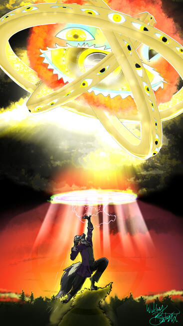 a fox anthro wearing a long purple coat, a vneck t shirt, and black cargo pants spring boards off of a pine tree towards a portal readied to punch the large Ophanim angel towards the top of the image in the angel realm.