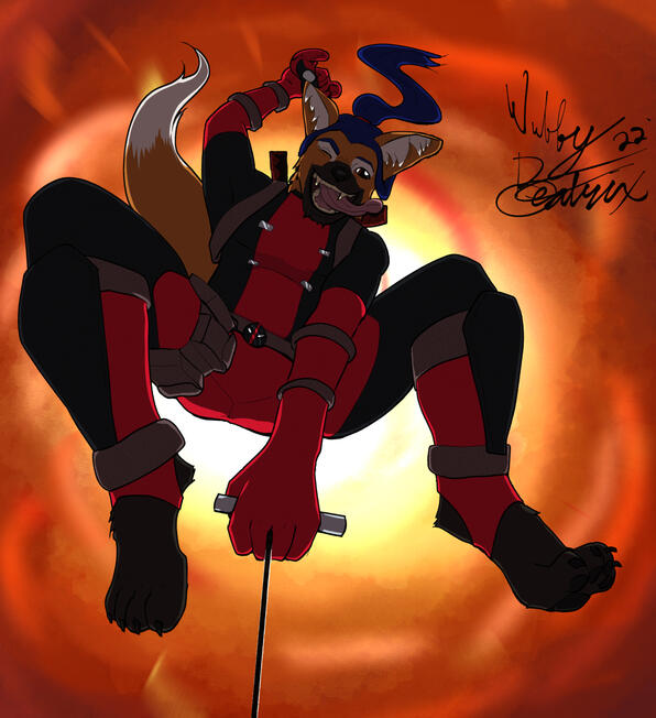 a maned wolf anthro with long blue hair wearing a deapool costume with the hood off holds onto a zip line handle with an expression of glee and his tongue hanging out appears to be zooming towards the viewer.
