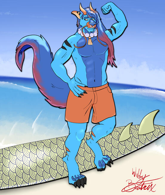 A water dragon flexes on the beach with orange board shorts, with a surfboard with Japanese style textures lays behind him.