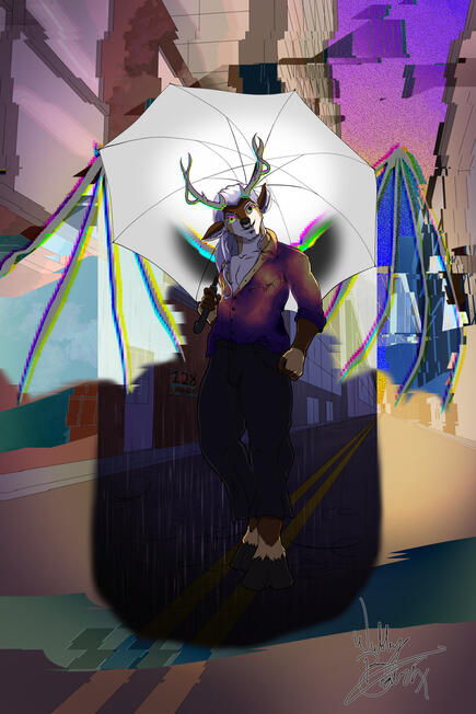 a demon elk stands in a street holding an umbrella casting light down below. Where the umbrella casts light there appears to be rain and darkness, everywhere else appears to be clear weather at sunset, with visual glitches. Where the wings are, colors appe
