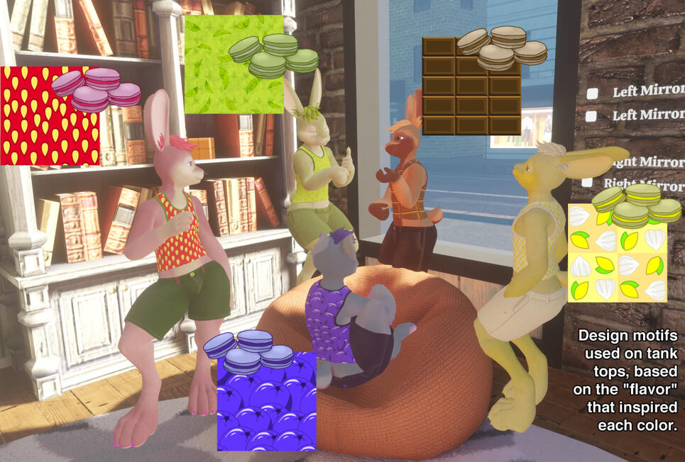A public model I designed on Crispy Seaweeds Bunny model based off of Macarons, with different "Flavors" of Straberry, Blueberry, Matcha, Lemon, and Chocolate. Also included are my custom tileable designs for the tank tops.