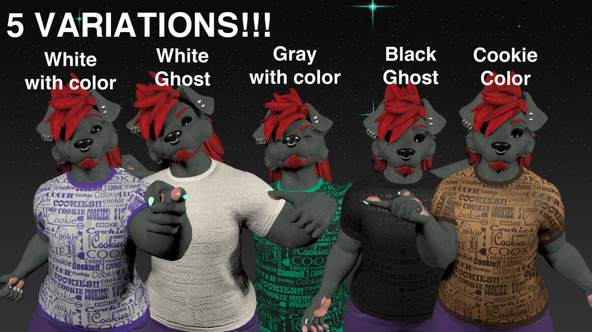 A tileable texture I designed using fonts, because I really like cookies. I made a purchasable asset on gumroad to be able to use it on the default T-Shirt for Julia Winterpaw's Masc Canine