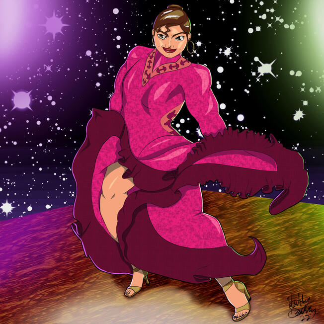 Luisa Madrigal appears in a magenta salsa dress, flaring the skirt, with dumbbell motifs in the lace details around the sides and neck of the dress.