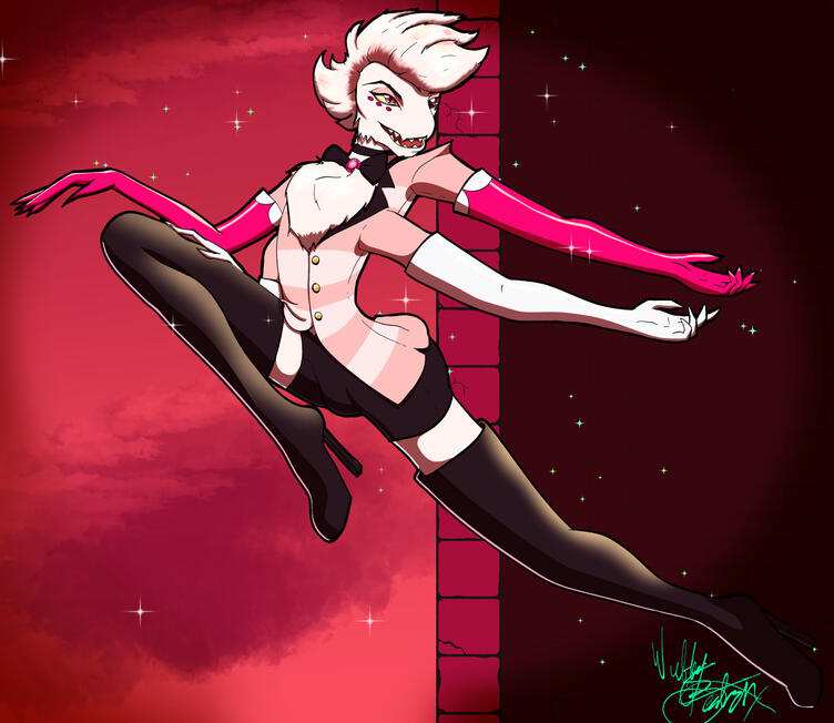 Angel Dust, a spider style demon from Hazbin Hotel, leaps into the air while reaching behind.