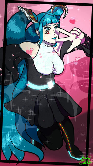 Hatsune miku appears wearing a unique costume in a dance position with a hand peace sign.