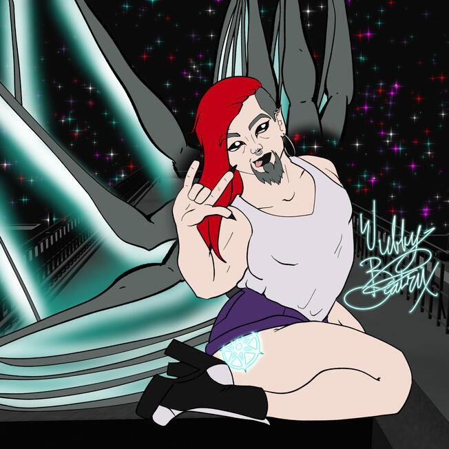 Wubby Beatrix in Human form depicted wearing short shorts, platform heeled sneakers, and a tanktop.